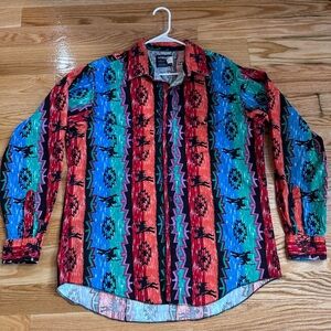 Vtg Wrangler Long Sleeve Button Up Aztec Cowboy Cut Reg Fit Mens Size 17 1/2-36
